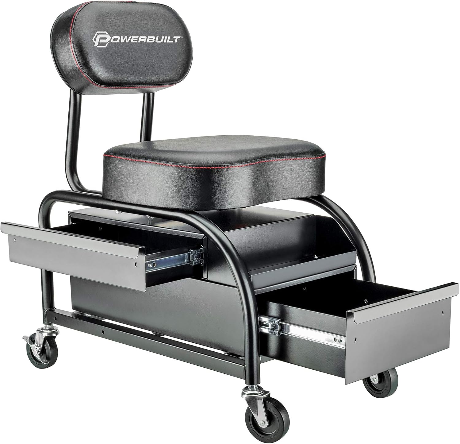 Powerbuilt Professional Car Detailers Mechanics Roller Seat, Heavy Duty Garage Stool with Thick Padded Seat and Backrest, 2 Sliding Storage Drawers, Tool Tray, Can Holders, 3in. Swivel Casters–240299 Pack of 2