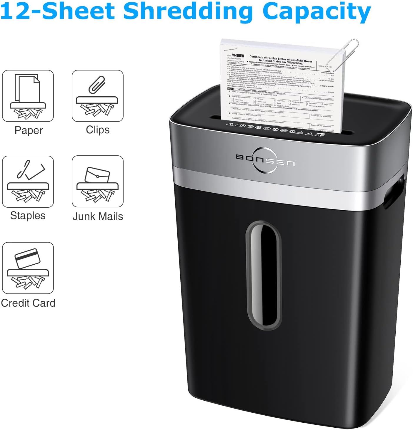 BONSEN Paper Shredder for Home Use, 12-Sheet Credit Card Crosscut Shredder for Home Office, 6 Gallons Large Wastebasket with Transparent Window, High Security Level P-4, Black (S3103)