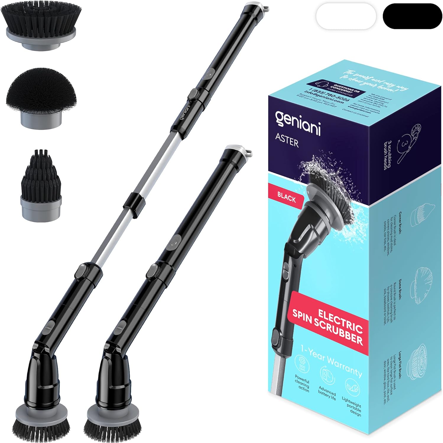 GENIANI Electric Spin Scrubber - 360 Cordless Powerful Scrub Brush for Cleaning Bathroom, Tile, Floor, Tub and Shower with Adjustable Extension Handle and 3 Replaceable Rotating Brush Heads (Black)