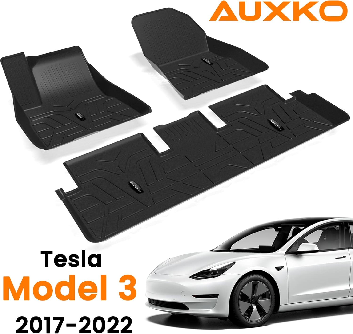 Auxko Floor Mat for Tesla Model 3 Fits 2017-2022 Ultimate All Weather All Season Waterproof Durable Flexible Odorless TPE Material Non-Slip Protective Liner Front & Rear Interior Accessories Black