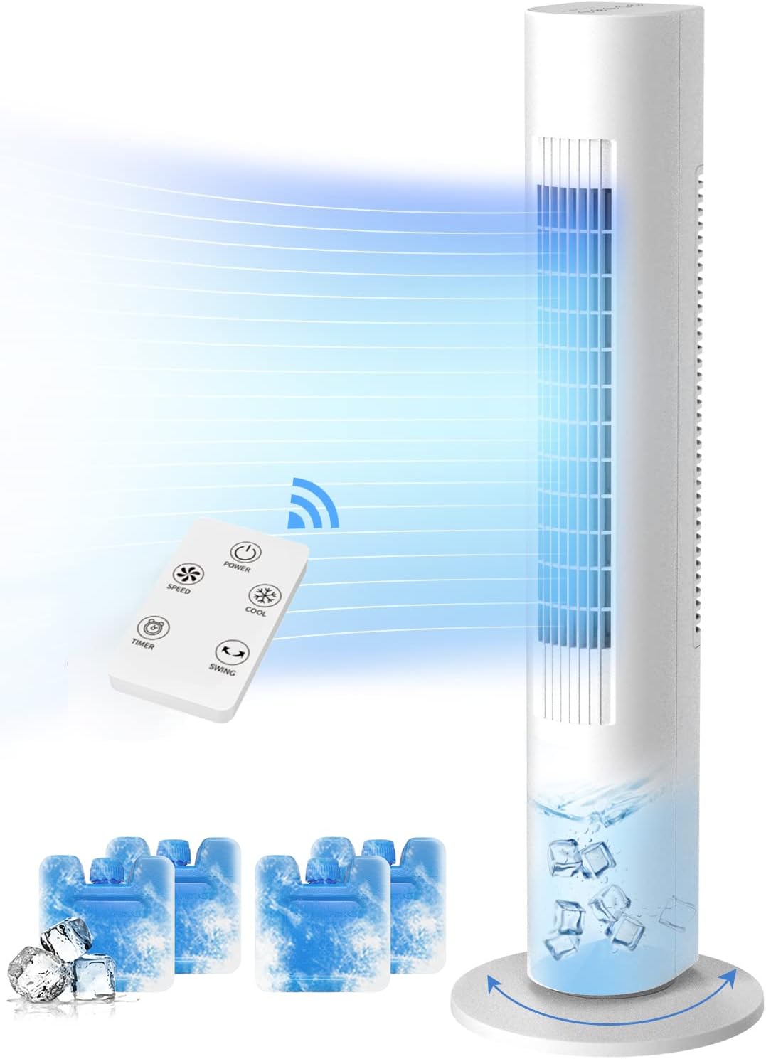 BREEZEWELL 3-IN-1 Evaporative Air Cooler, 35'' Evaporative Cooler for Room with 20ft Remote Control, 60° Oscillation, 7H Timer Swamp Cooler, 4 Ice Packs, Portable Air Conditioner for Home & Office