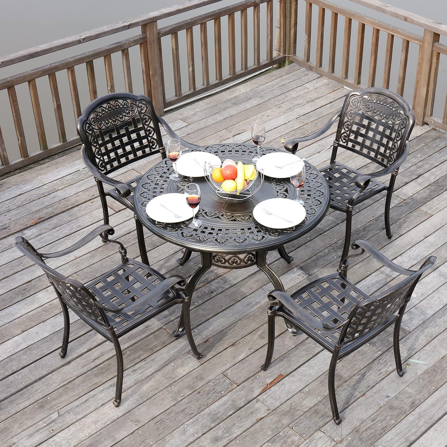 VIVIJASON 5-Piece Patio Furniture Dining Set, All-Weather Cast Aluminum Outdoor Conversation Set, Include 4 Chairs and 1 Round Table w/Umbrella Hole for Balcony, Lawn, Garden, Backyard
