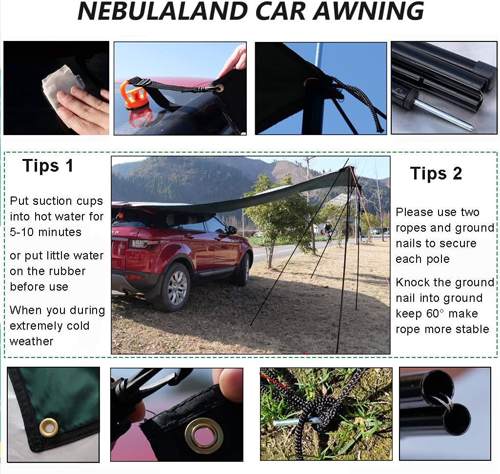 Car Awning Camping Tarp SUV Awning RV Awning Camping Tent Mat Sun Shelter Tarp Poles Rooftop Tent Retractable Awning Sunshade Pack of 2