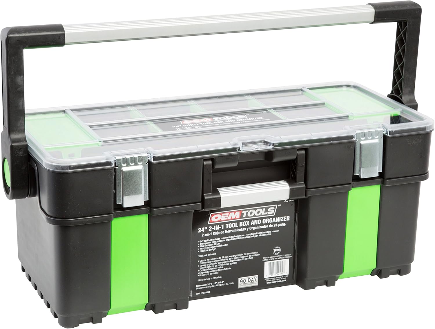 OEMTOOLS 22182 24 Inch 2-in-1 Tool Box and Organizer, Plastic Portable Tool Box with Organizer Lid, Removable Organizer, Lockable, Capacity of 40 Pounds Pack of 2