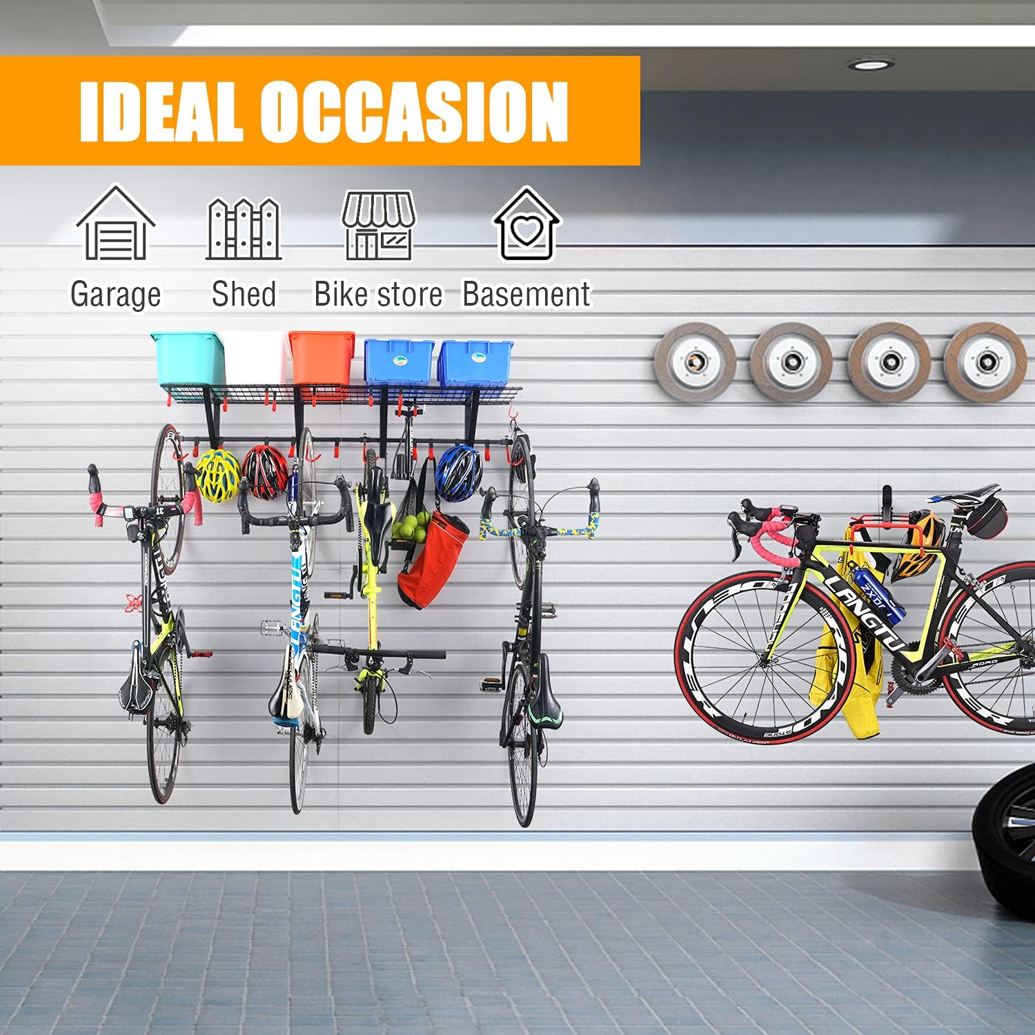 PLKOW Garage Wall Shelving 1 Pack Includes Bike Hooks, Wall Shelves Garage Organizer with Vertical Bike Hanger, Powder Coated Steel (1 Pack) Pack of 2