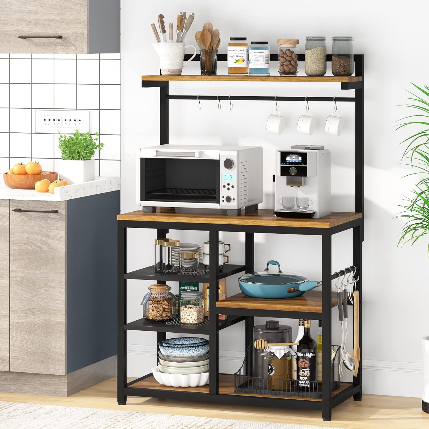 Moan Kitchen Baker’s Rack with Storage, Microwave Oven Stand with 6 Shelves, Utility Storage Organizer Workstation with 10 Hooks (Vintage Brown)