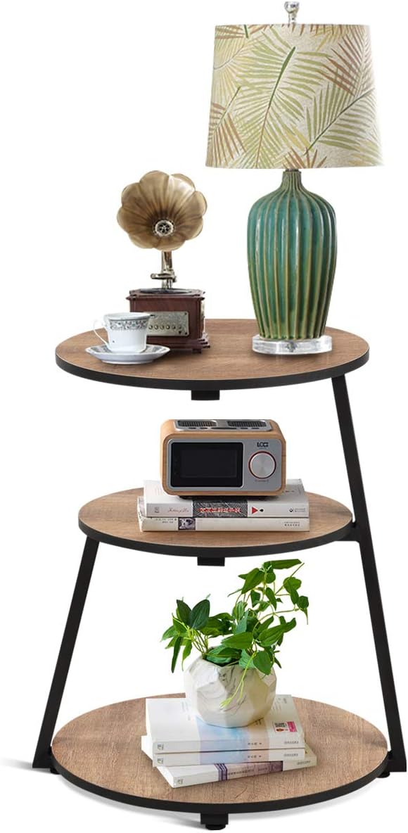 Safstar End Table, Round Accent Sofa Side Table with 3-Tier Wooden Shelf and Metal Frame, Mid Century Vintage Tea Table Beside Table for Living Room Bedroom (1)