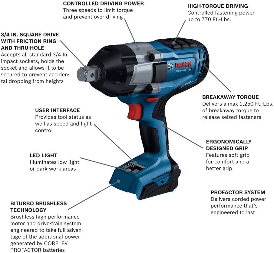 Bosch PROFACTOR GDS18V-740N 18V Cordless 1/2 In. Impact Wrench with Friction Ring, Battery Not Included , Blue