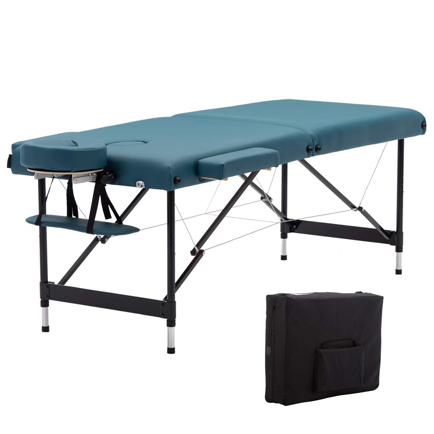 Artechworks Lightweight Massage Table with Aluminium Frame, 2 Fold Beauty Therapy Bed, w/Free Carry Case, Face Cradle, Arm Rests, Teal Green