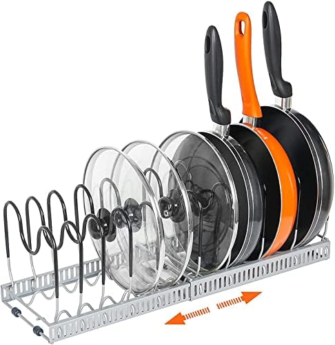 Expandable Pot and Pan Organizer Rack - with 10 Adjustable Compartments, Pot Holder for Kitchen Counter and Cabinet, Lid Bakeware Organizer Holder Pack of 2