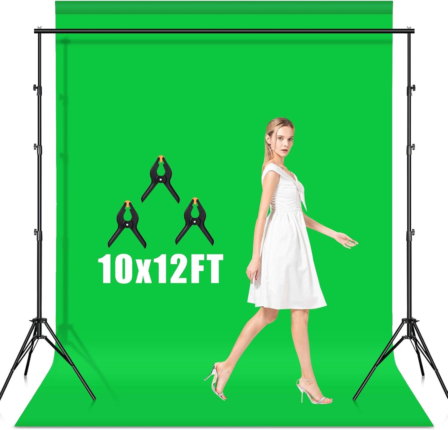 AFHT 10 x 12 ft Green Screen Backdrop with Stand，Green Screen Kit with 8.5 x 10 ft Stand，Chromakey Green Screen Background