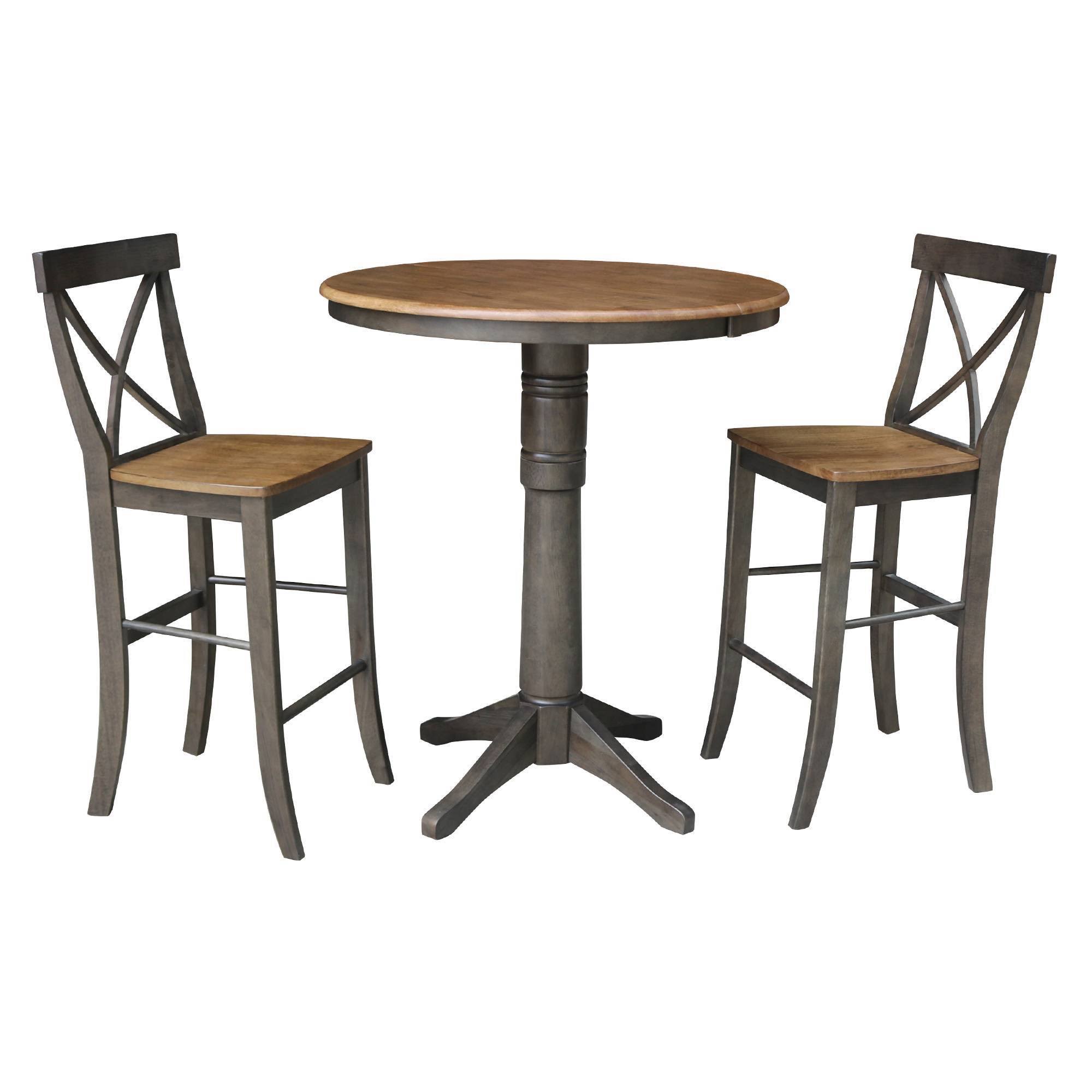 International Concepts K45-36RXT-27-S6133-2 36 in. Round Extension Dining Table with 2 X-Back Bar Height Stools Hickory u0026 Wa