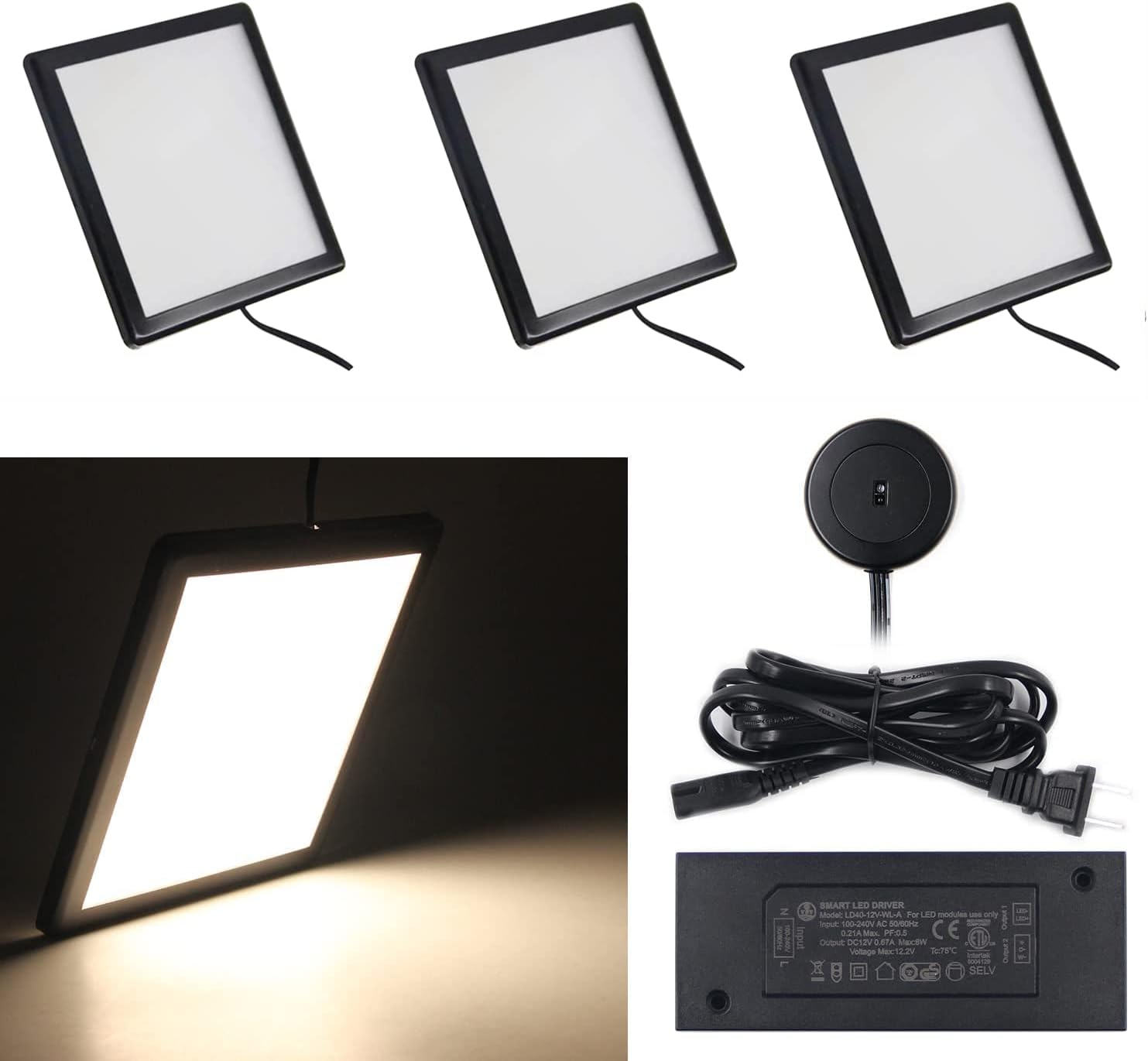 VST Under Cabinet Panel Lighting 3PCS 3.94inch 12V 2.5W(Total 7.5W) with Wired Hand Wave Switch, Surface Mount Puck Light for Kitchen Wardrobe Camper Van Truck Car Galley Downlight（Round Black） Pack of 2