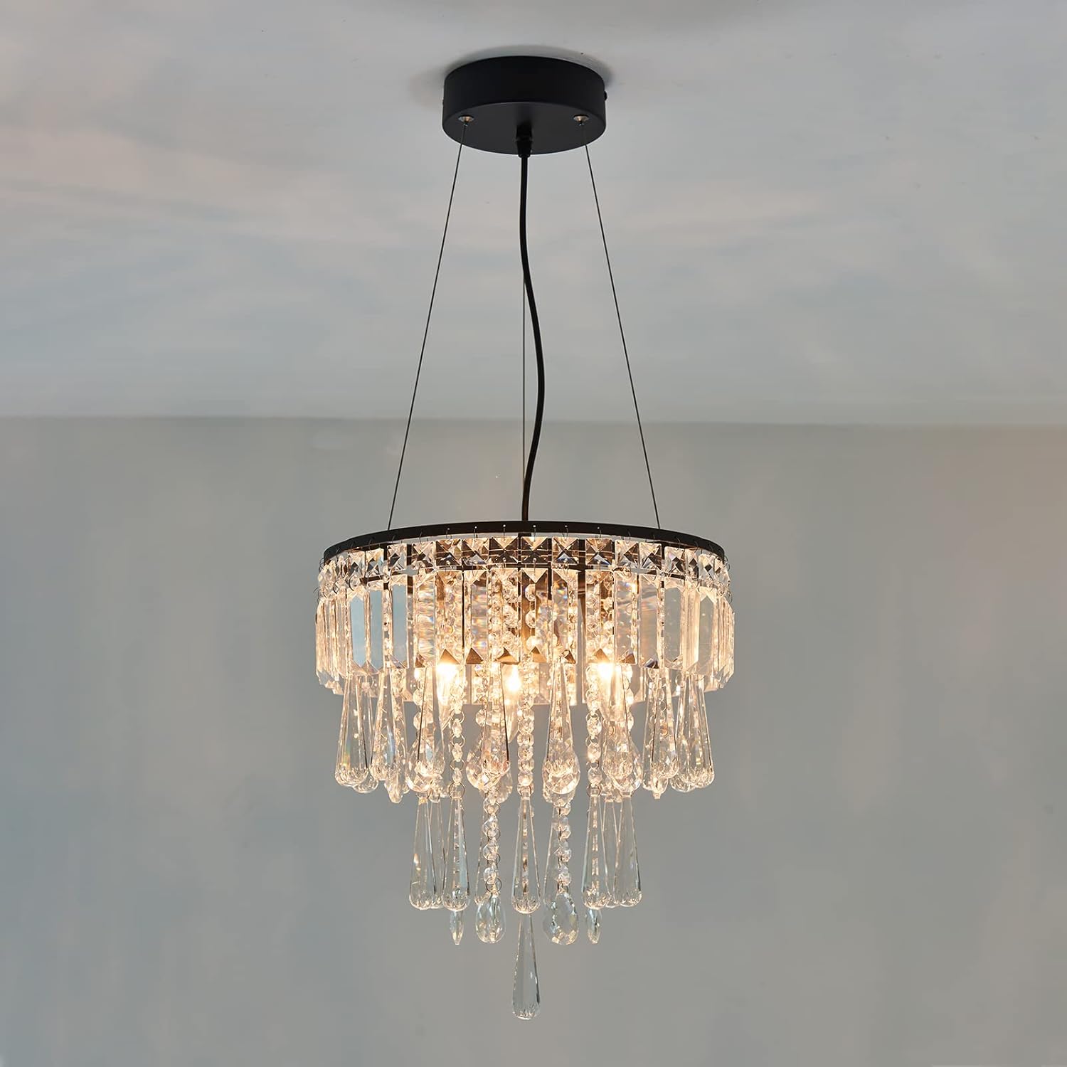 YYJLX 6-Light Black Semi Flush Mount Crystal Chandelier ，Metal Modern Ceiling Light Fixture，Lighting for Living Room Dining Room Kitchen Bedroom Foyer Hallway