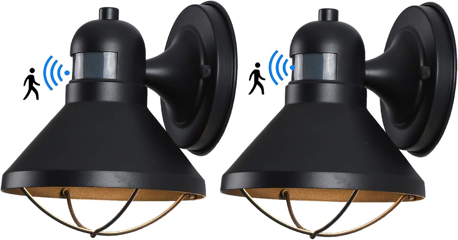 Motion Sensor LED Outdoor Wall Sconce Lighting Dusk to Dawn Photocell Exterior Porch Light Fixtures Black Outside Wall Lantern Farmhouse Wall Mount Lamp for Entryway Doorway Garage, 2 Pack