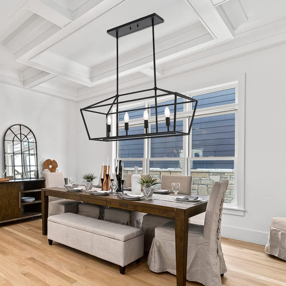 WINSHEN 4-Lights Rustic Chandelier for Dining Room, 32-Inches Width Pendant Lighting for Kitchen Island in Black Finish