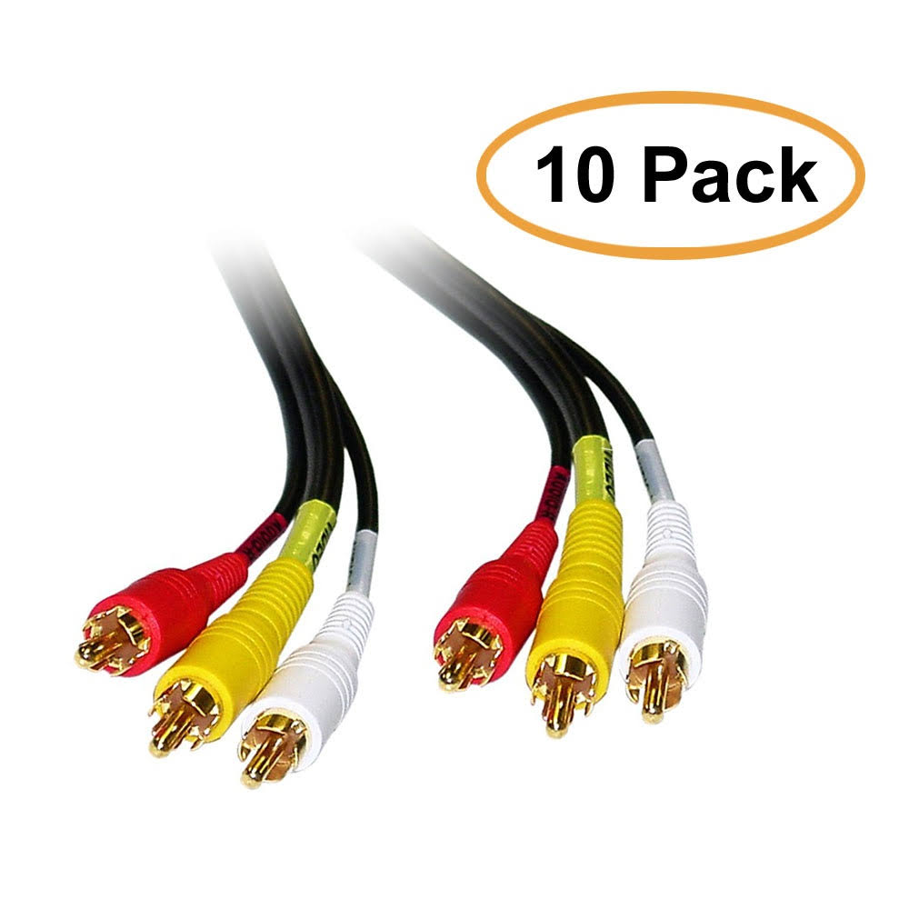 Cu0026e Stereo/VCR RCA Cable, 2 RCA (audio) + RCA RG59 Video, Gold-Plated Connectors, 25 Feet, 10 Pack CNE2423