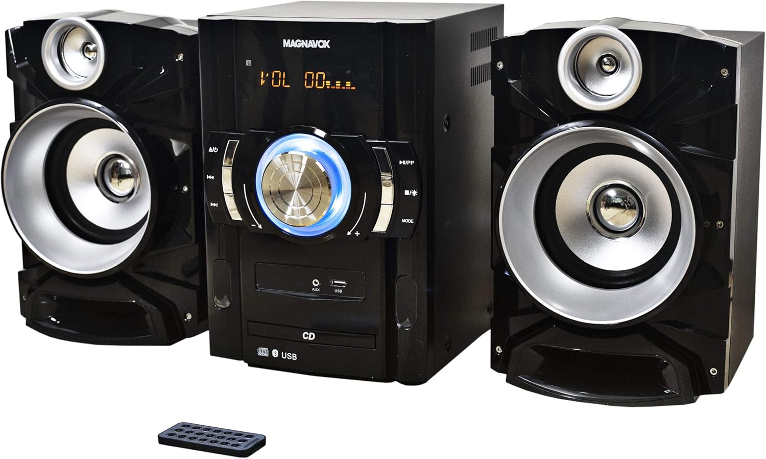 Magnavox MM440 3-Piece CD Shelf System with Digital PLL FM Stereo Radio, Bluetooth Wireless Technology, and Remote Control in Black | Blue Colored Lights | LED Display | AUX Port Compatible |