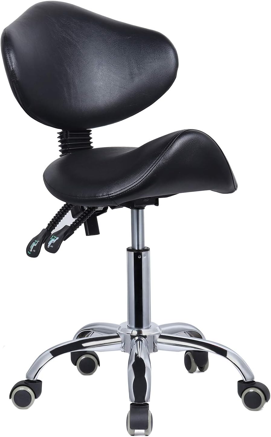 Hydraulic Saddle Rolling Chair with Back Support, Heavy-Duty Stool Chair with Backrest for Beauty Salon Massage Dental Clinic Office, Black