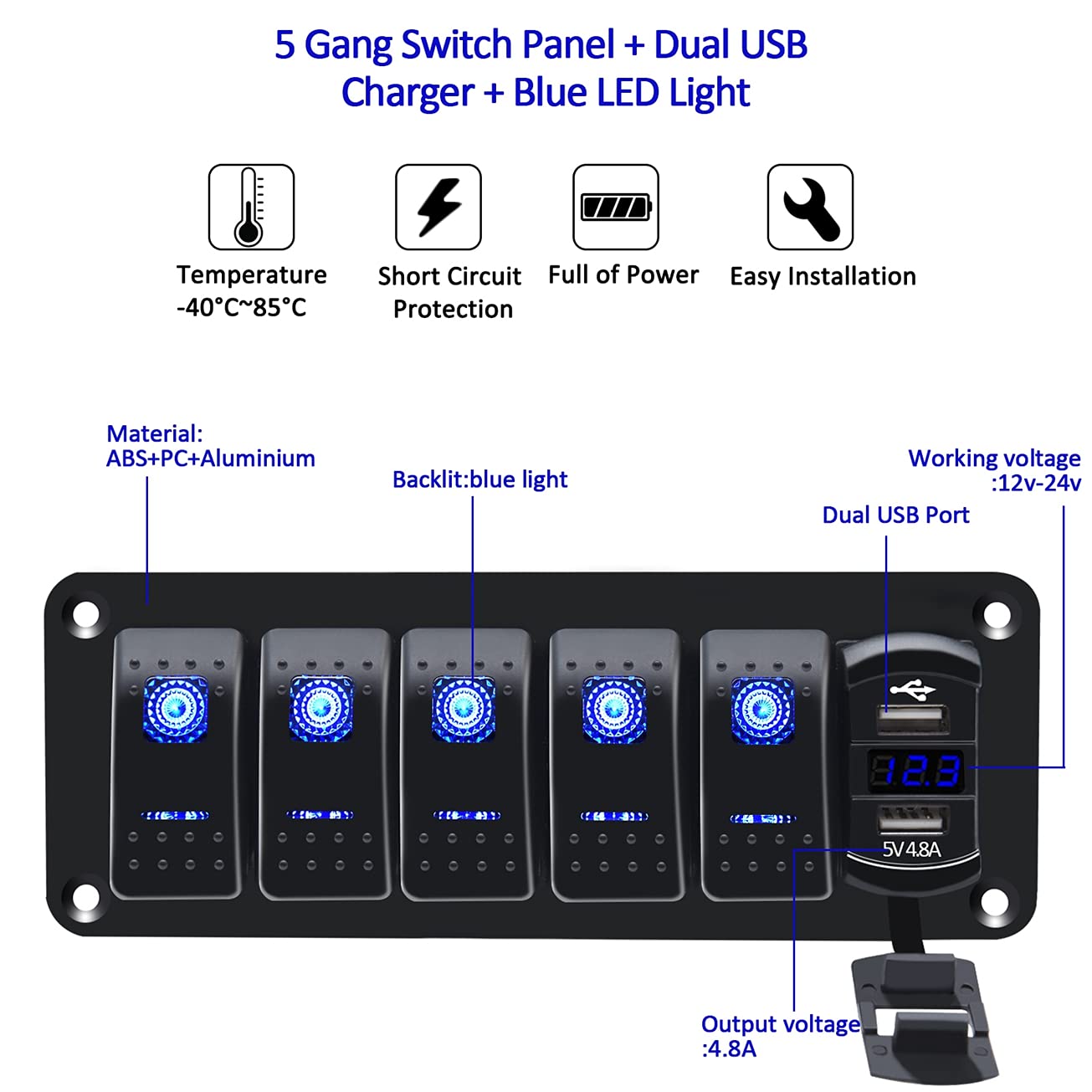 KAOLALI 5 Gang Boat Rocker Switch Panel Toggle Dash with 4.8A Dual USB Charger Port Blue Backlit 12V Aluminum Switch Panel for Automotive Car Truck Marine RV Pack of 2