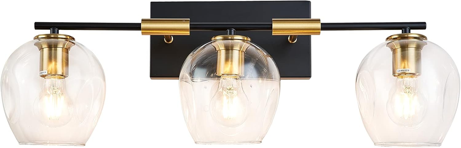 DJFHKO 3 Lights Bathroom Vanity Light Fixtures, Vintage Bathroom Lighting with Clear Glass Shade, Matte Black and Brass Finish Industrial Wall Sconce, Bathroom Lighting for Mirror Kitchen