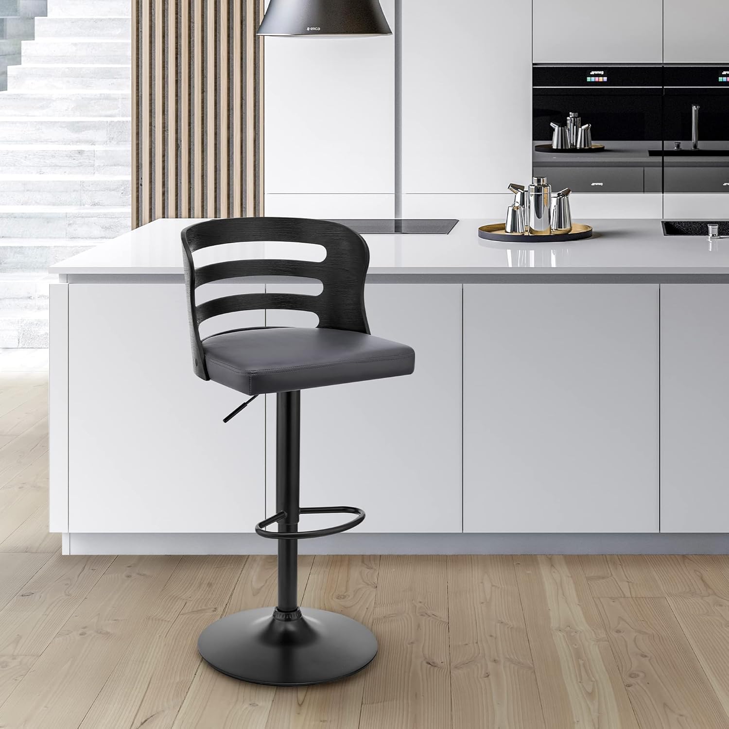 Khalia Adjustable Swivel Grey Faux Leather and Black Wood Bar Stool with Black Base