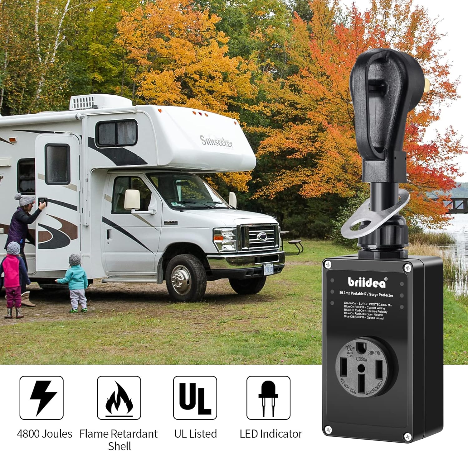 RV Surge Protector 50 Amp, briidea Camper Surge Protector with LED Indicator Light, 4800 Joules, Black