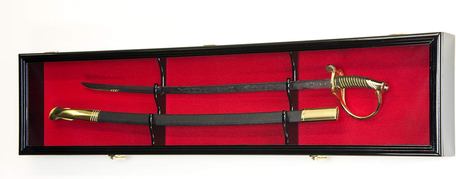 Sword Display Case Cabinet Stand Holder Wall Rack Box for US Army Officer or NCO Saber- Lockable w/ 98% UV Protection -Black