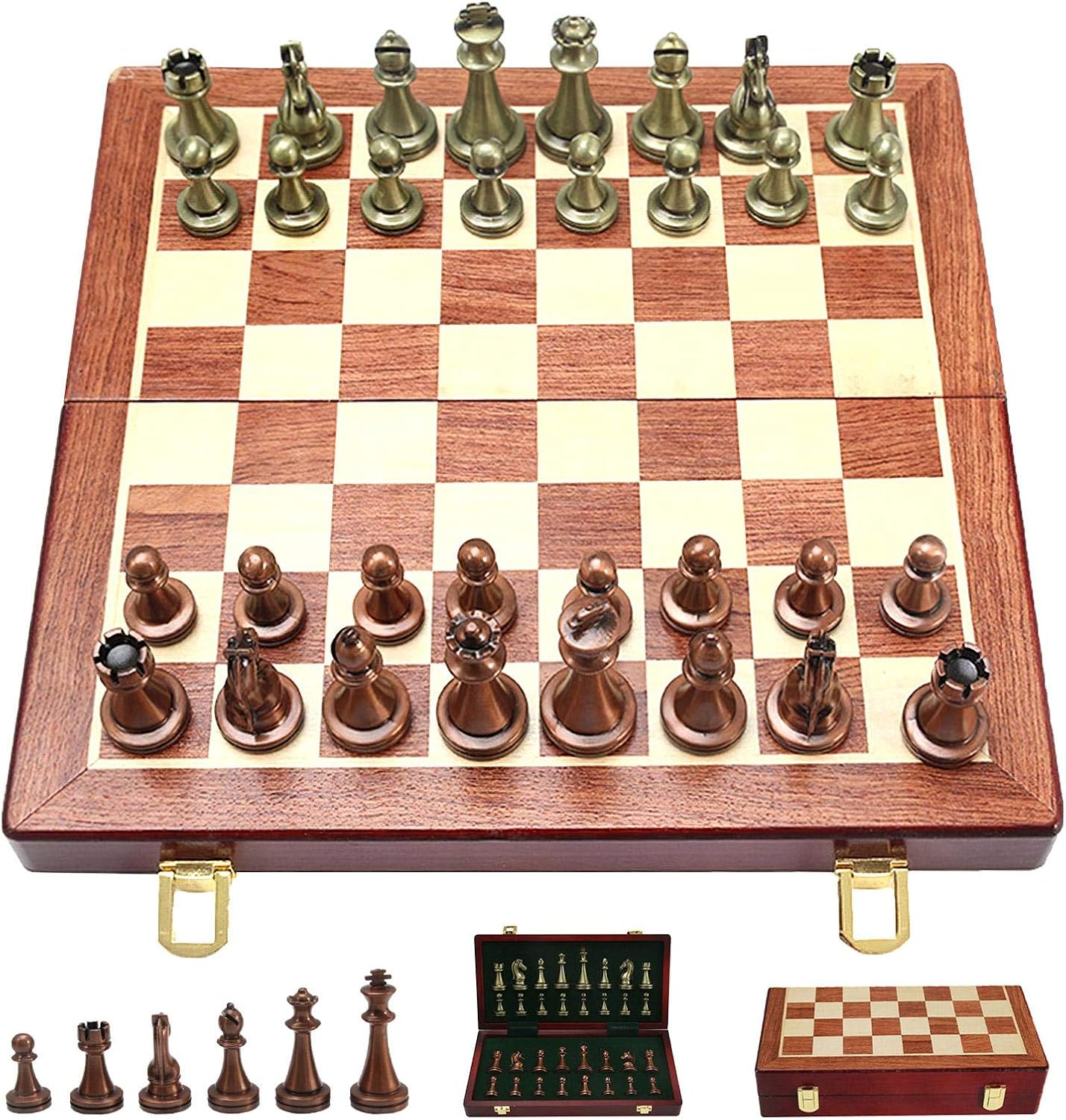 glueckind Chess Set for Adults, Metal Chess with Deluxe Chess Board Retro Copper Plated Alloy Chess Set Travel Portable Wooden Box Storage Folding Chess Set Pack of 2