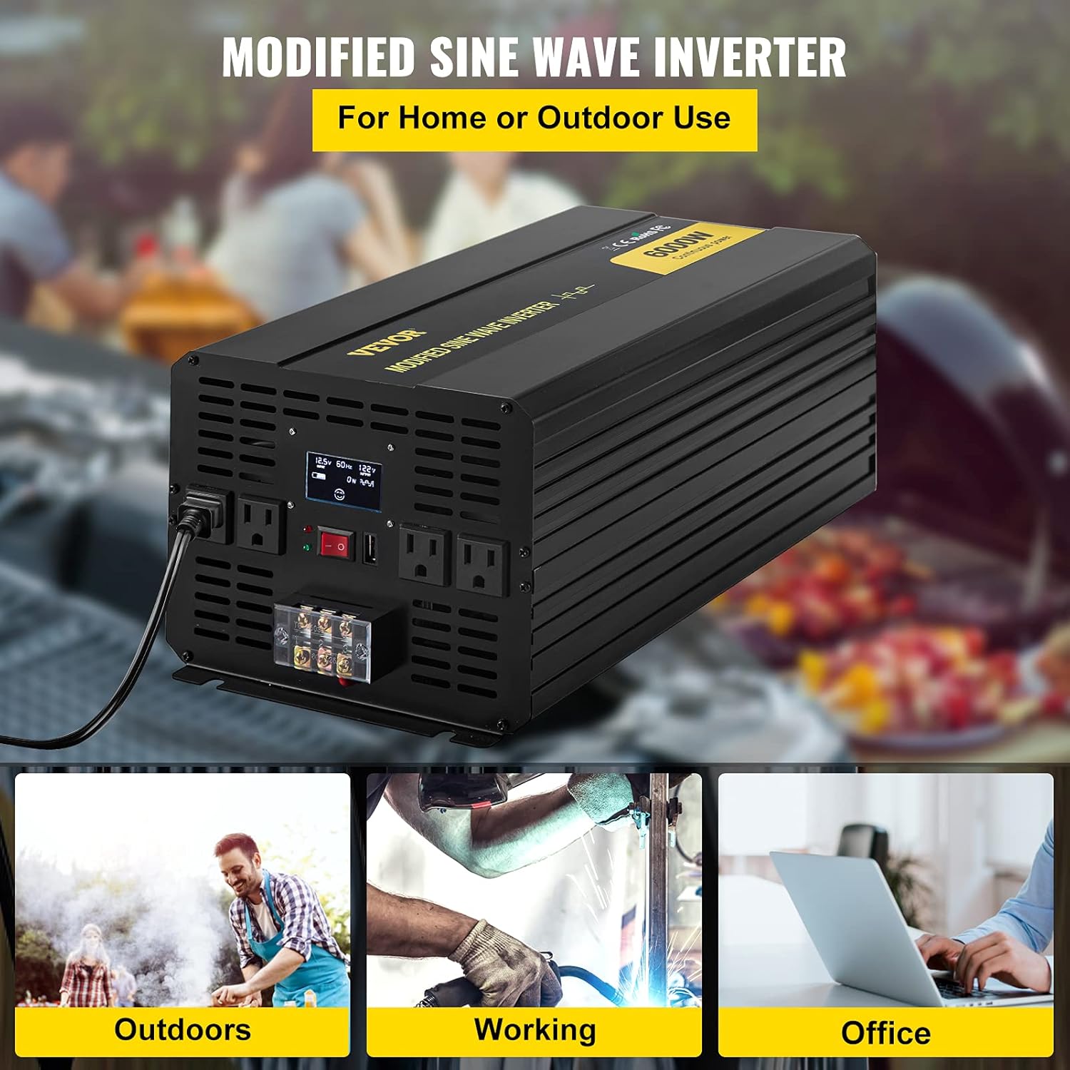 VEVOR Power Inverter, 6000W Modified Sine Wave Inverter, DC 12V to AC 120V Car Converter, with LCD Display, Remote Controller, LED Indicator, AC Outlets Inverter for Truck RV Car Boat Travel Camping