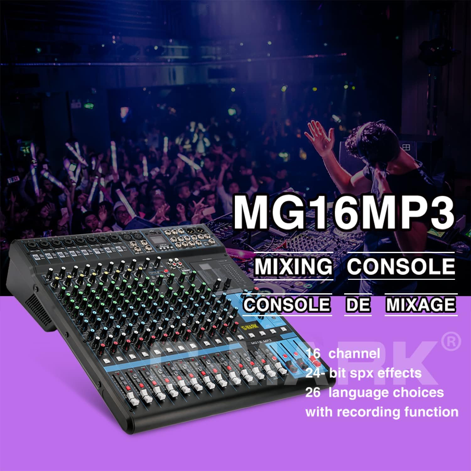 G-MARK Professional Audio Mixer Sound Board Console System Interface 16 Channel Digital USB Bluetooth MP3 Computer Input 48V Phantom Power Stereo DJ 24-Bit SPX effects
