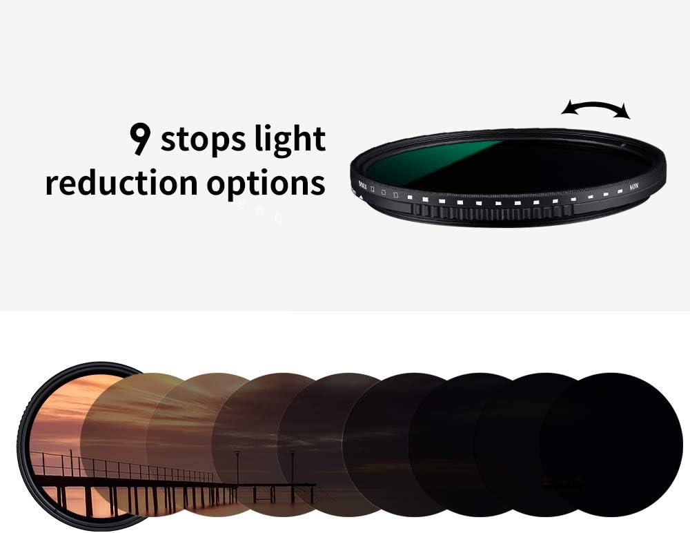 K&F Concept 82mm Variable Netural Density Filter ND8-ND2000 (3-11stop) Adjustable ND Filter with Multi-Layer Coating Waterproof for Camera Lens Pack of 2