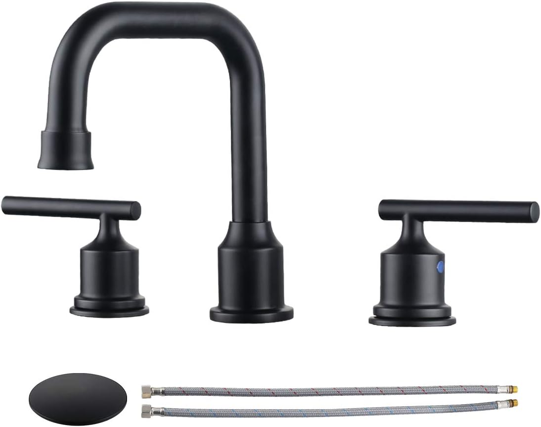 WOWOW Two Handles Widespread 8 inch Bathroom Faucet Black 3 Pieces Basin Faucets 360 Degree Swivel Spout Lavatory Sink Faucet