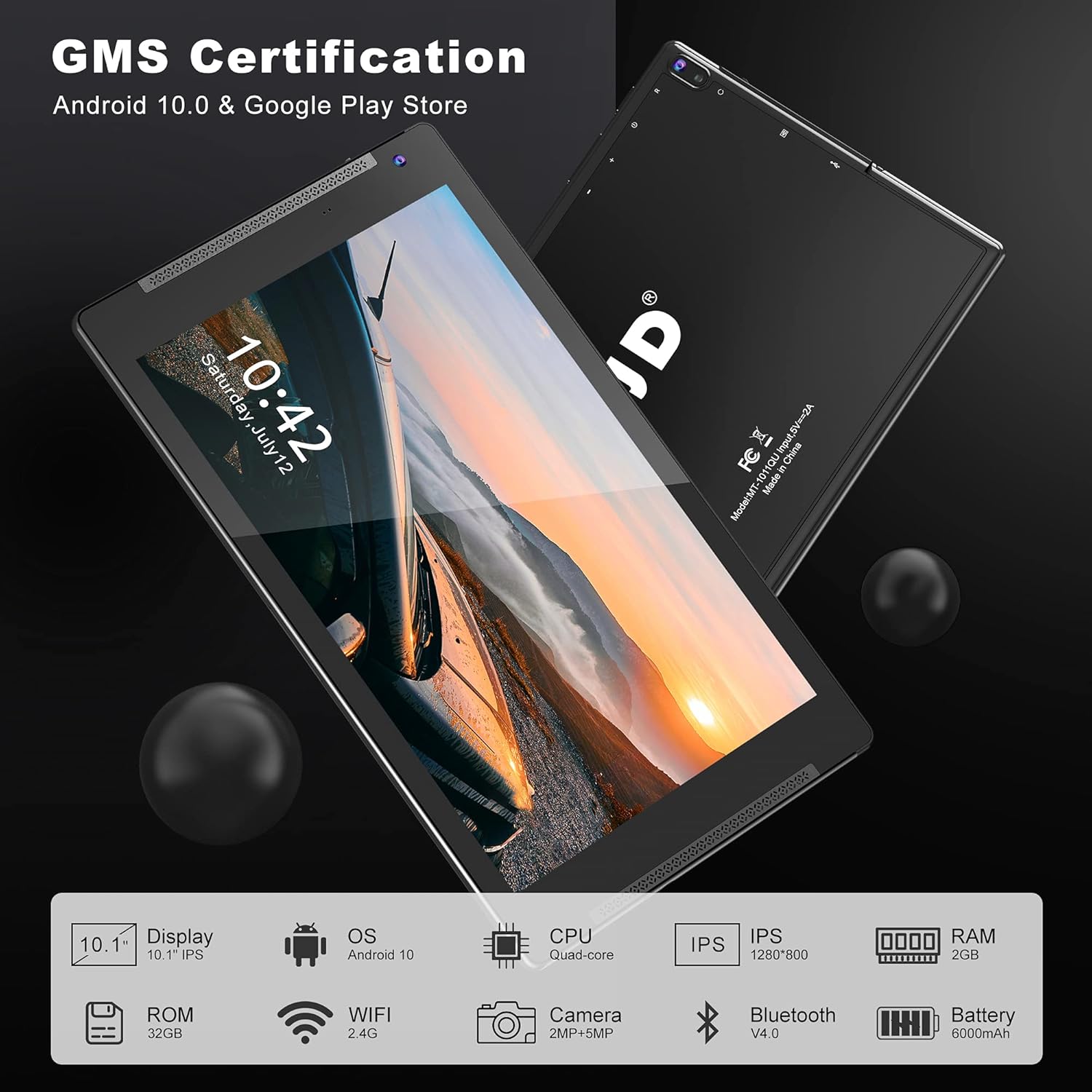 TJD 10 Inch Tablet, Android 10, Quad-Core Processor, 2GB RAM 32GB ROM, 2MP+5MP Dual Camera, 1280x800 IPS Display, Wi-Fi, Bluetooth, Google Tablet with Stand and Case, 6000mAh Battery MT-1011QU Black
