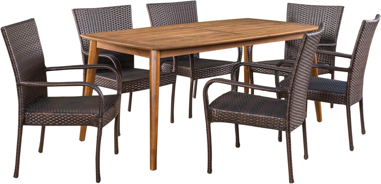Christopher Knight Home Arthur Outdoor 7 Piece Multibrown Wicker Set with Teak Finish Rectangular Acacia Wood Dining Table