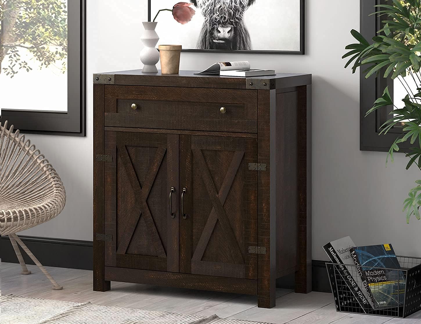 Allewie Accent/Farmhouse Storage Cabinet with Double Doors, Buffet Cabinet, Sideboard with Drawer and 2-Tier Shelves for Living Room, Kitchen, Bathroom, 30 Inches Espresso