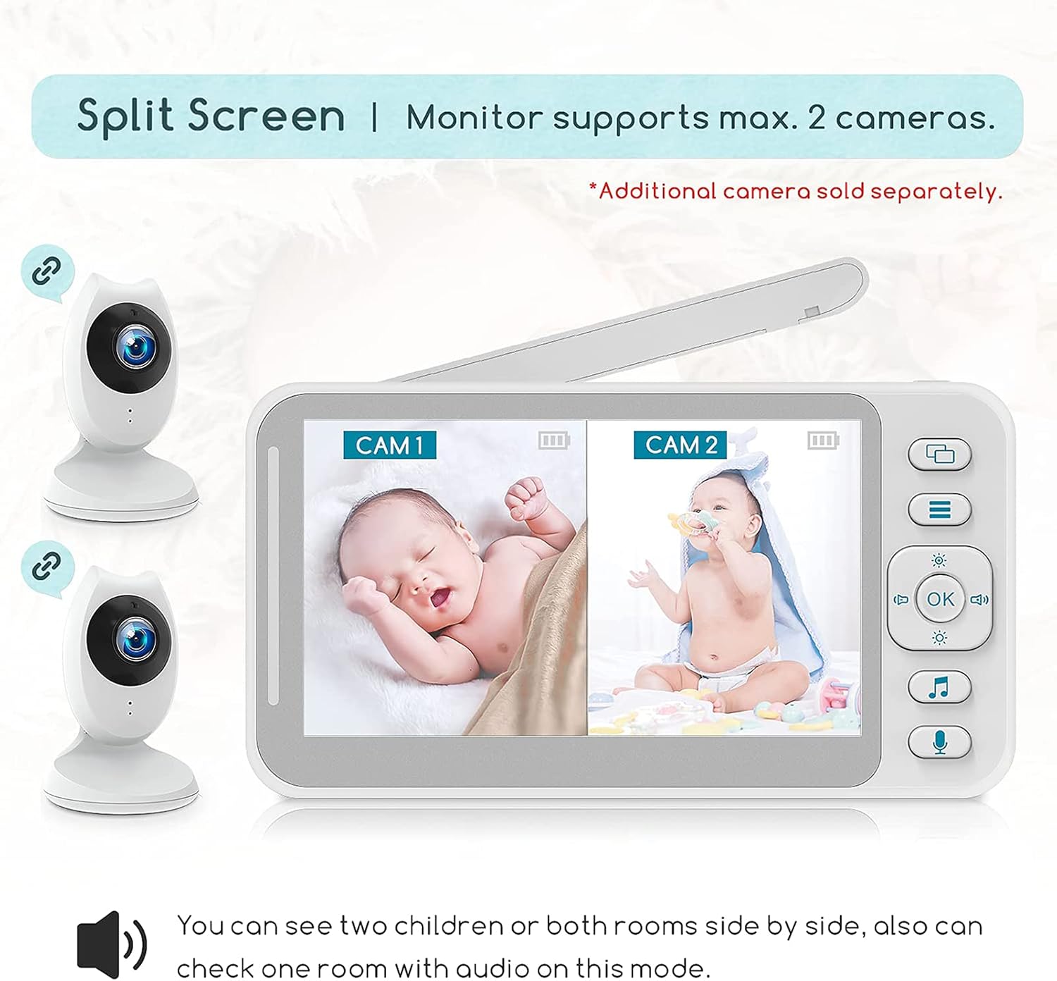 Topiacam Baby Monitor with Camera and Audio, Video Baby Monitor 4.3 inch LCD Split Screen, Two-Way Talk, Night Vision, 8 Lullabies, Temperature Monitor and Long Last Battery, White (BM40)
