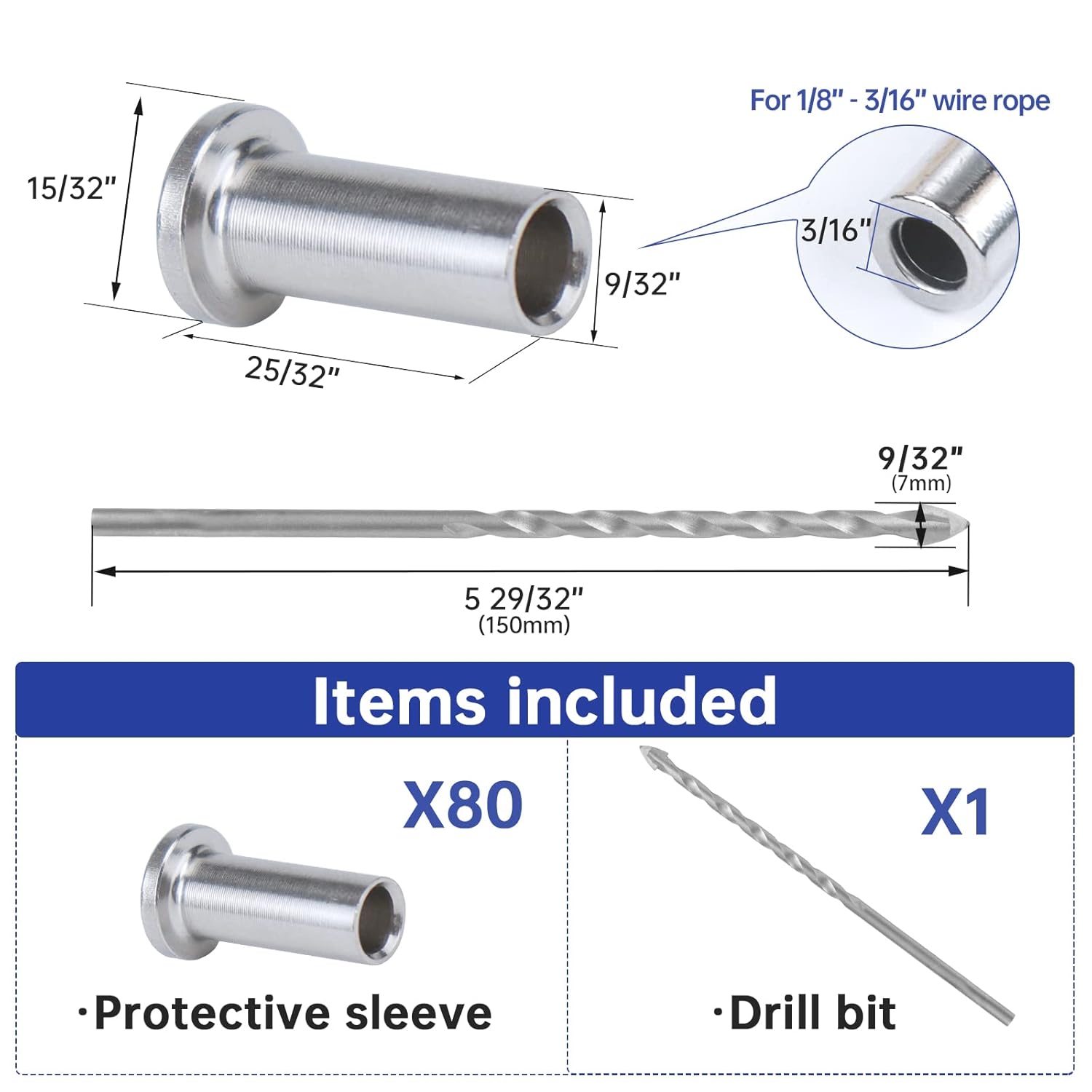 Muzata 80Pack Cable Railing Kit Protective Protector Sleeves Grommet for 1/8