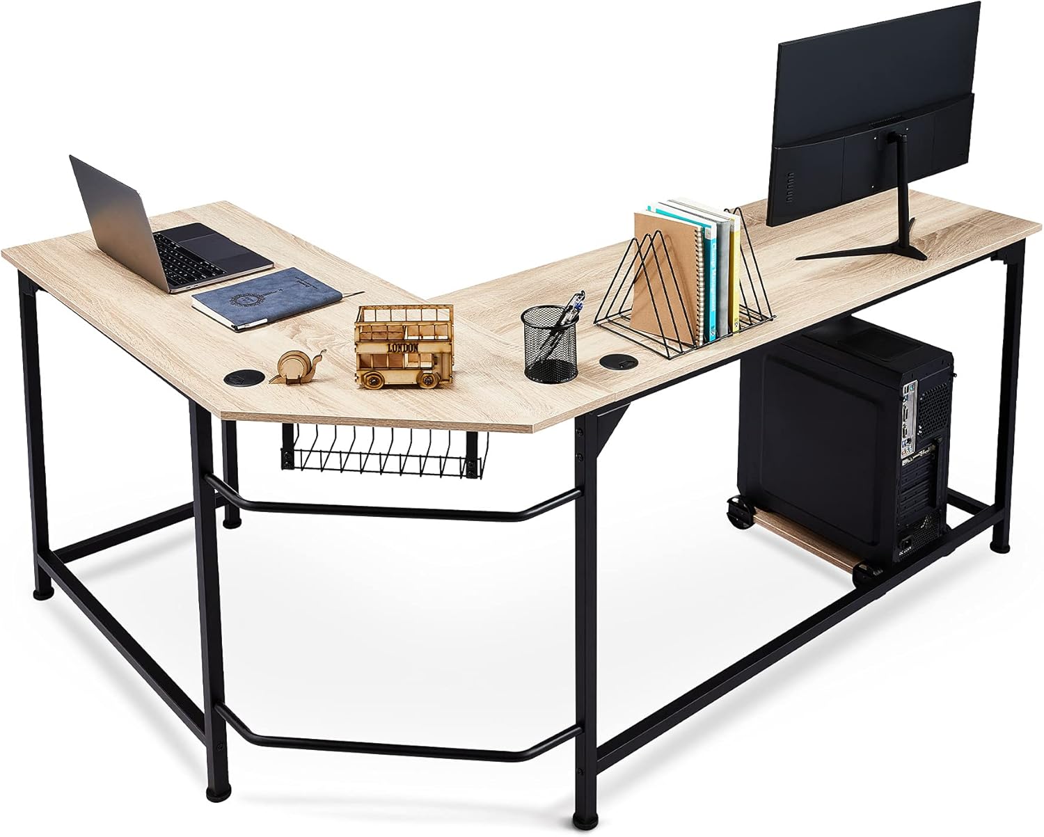 CO-Z L Shaped Computer Desk with Tower Stand, Corner Desk with Cable Management, Space-Saving 66x19 Home Office Desk with Underdesk Cable Tray and Grommets, Simple Modern Gaming Desk, Oak Pack of 2
