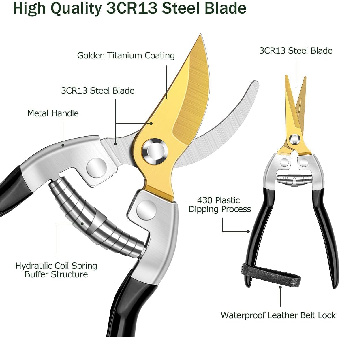 MOSFiATA Garden Shears 3 Pieces, Golden Titanium Coating Blades Pruning Shears, Professional Sharp Stainless Steel Garden Trimming Scissors Kit, Pruners Clippers with Aluminum Alloy Handle Pack of 2