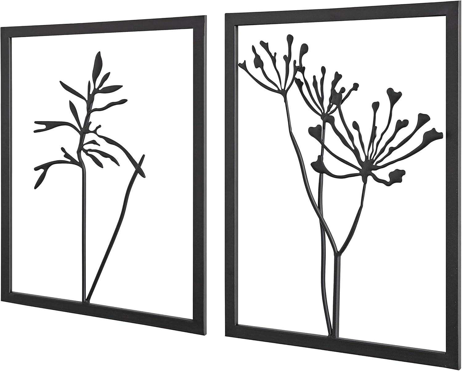 Kate and Laurel Malak Modern Floral Framed Cut Out Metal Plaques, Set of 2, 19.75 x 15.25, Chic Metalwork Art for Wall Pack of 2