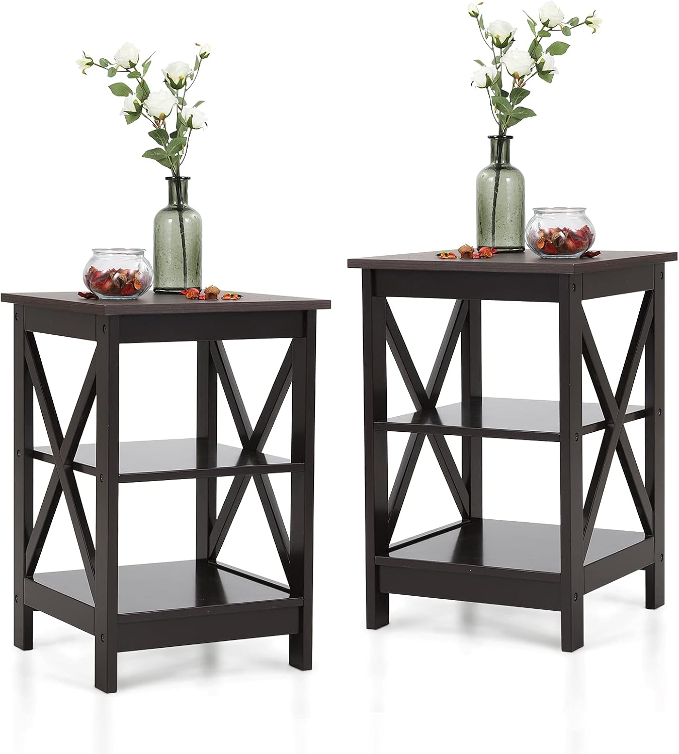 MAISON ARTS 3-Tiers Farmhouse End Tables Set of 2 with Storage Rustic Nightstands Modern Side Tables for Living Room Bedroom, Wood Look Mid Century Accent Furniture, Easy Assembly, Dark Brown