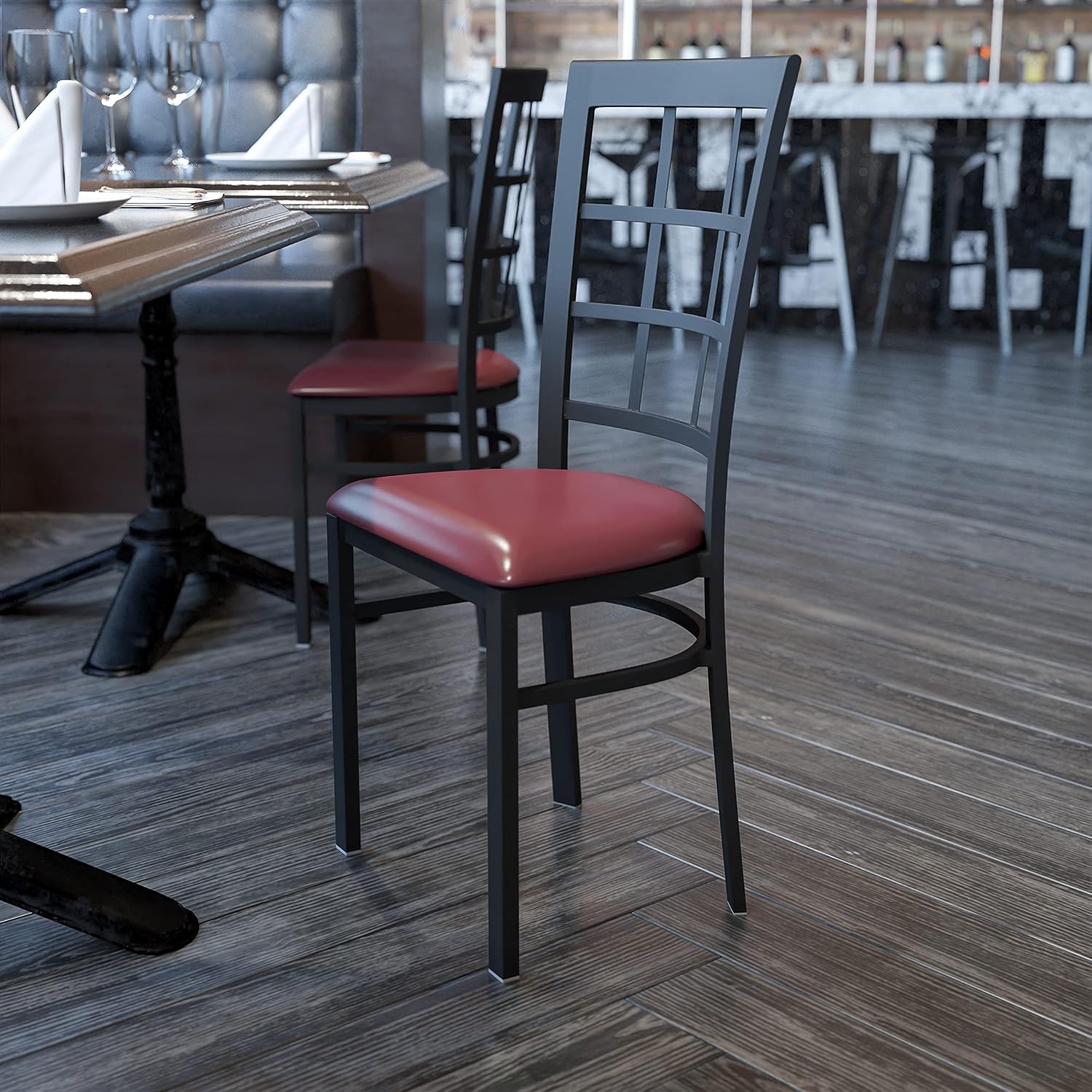 Flash Furniture HERCULES Series Black Window Back Metal Restaurant Chair - Mahogany Wood Seat