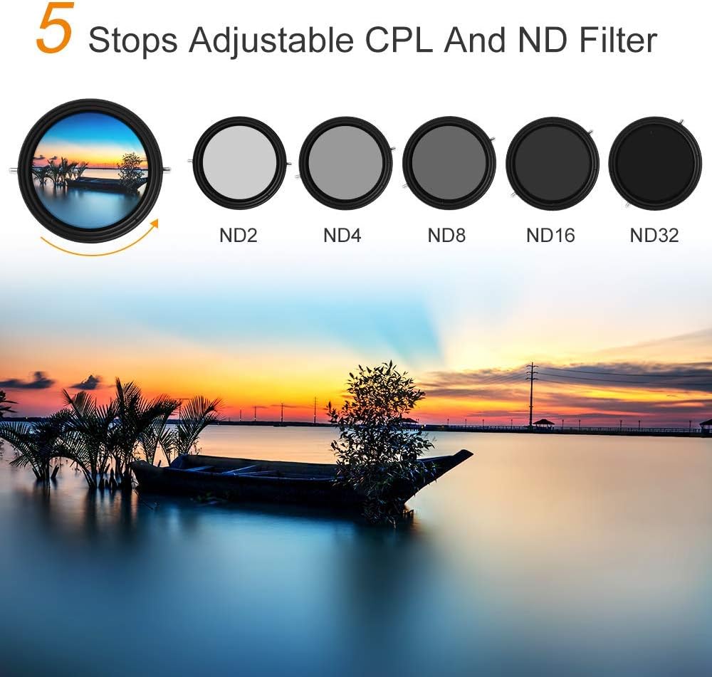K&F Concept 62mm Variable Fader ND2-ND32 ND Filter and CPL Circular Polarizing Filter 2 in 1 for Camera Lens No X Spot Weather Sealed Pack of 2