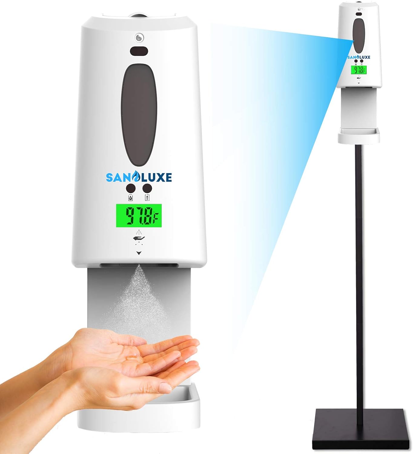 Automatic Hand Sanitizer Dispenser with Stand and Temperature Control - High Capacity (1300ml/44oz), Touchless, Freestanding Hand Sanitizer Dispenser Stand for Commercial Use - Works with Gel, Liquid