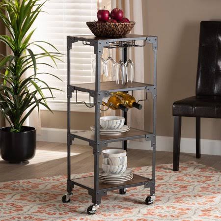 Baxton Studio Victor Industrial Rustic Walnut Finished Wood and Black Metal 4-Tier Mobile Wine Cart