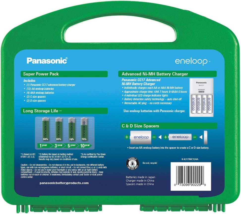 Panasonic K-KJ17MC124A eneloop Super Power Pack 12AA, 4AAA, 2 C Adapters, 2 D Adapters, “Advanced” Individual Battery Charger and Plastic Storage, (Case Color May Vary) Pack of 2