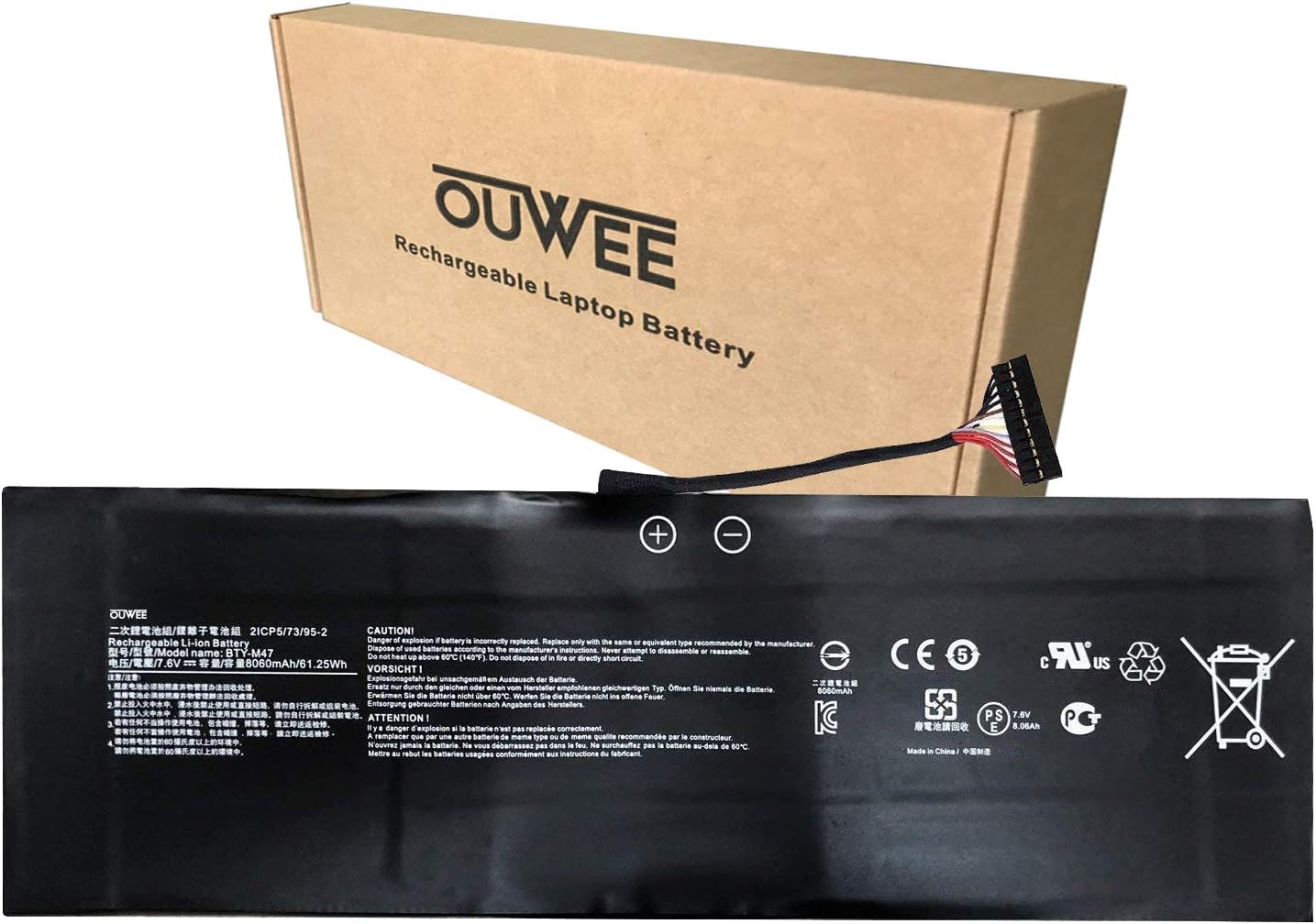 OUWEE BTY-M47 Laptop Battery Compatible with MSI GS40 GS40 6QE 6QE-006XCN GS43 GS43VR 6RE 6RE-045CN Series Notebook 7.6V 61.25Wh 8060mAh(12-Pin Connector) Pack of 2