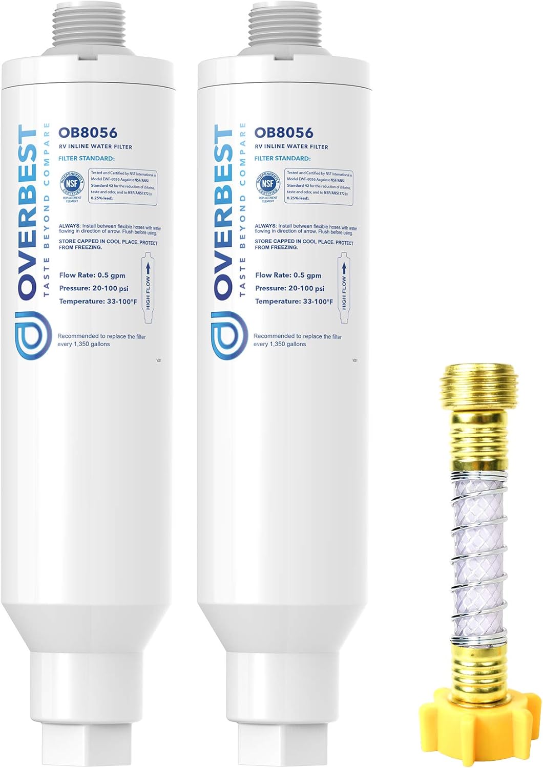 Overbest RV Inline Water Filter with 1 Flexible Hose Protector, Reduces Fluoride, Chlorine, Bad Taste & Odor for RVs and Marines, Drinking & Washing Filter (2 Pack) Pack of 2