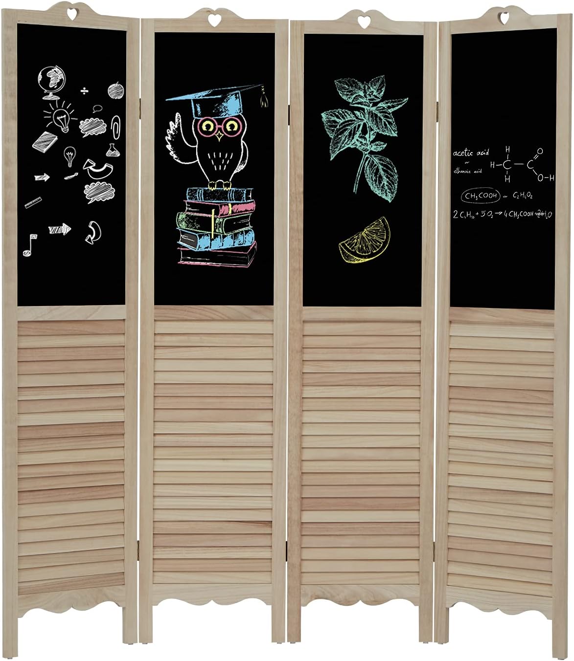 IDEO Room Divider Folding Privacy Screen, 4 Panels 5.5 Ft Tall Extra Wide Partition Foldable Panel Wall Divider, Portable Partition Screen with Double Sided Blackboard Design (Solid Wood)